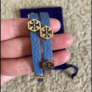 New Tory Burch Hex Thin Double Wrap Bracelet Blue/ Gold